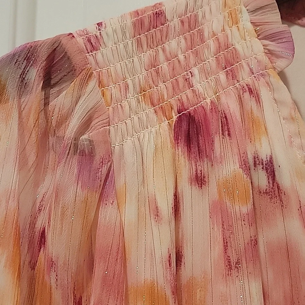 Aqua Pink and Orange Ruffled Tiered Long Sleeve Dress - Picture 4 of 10